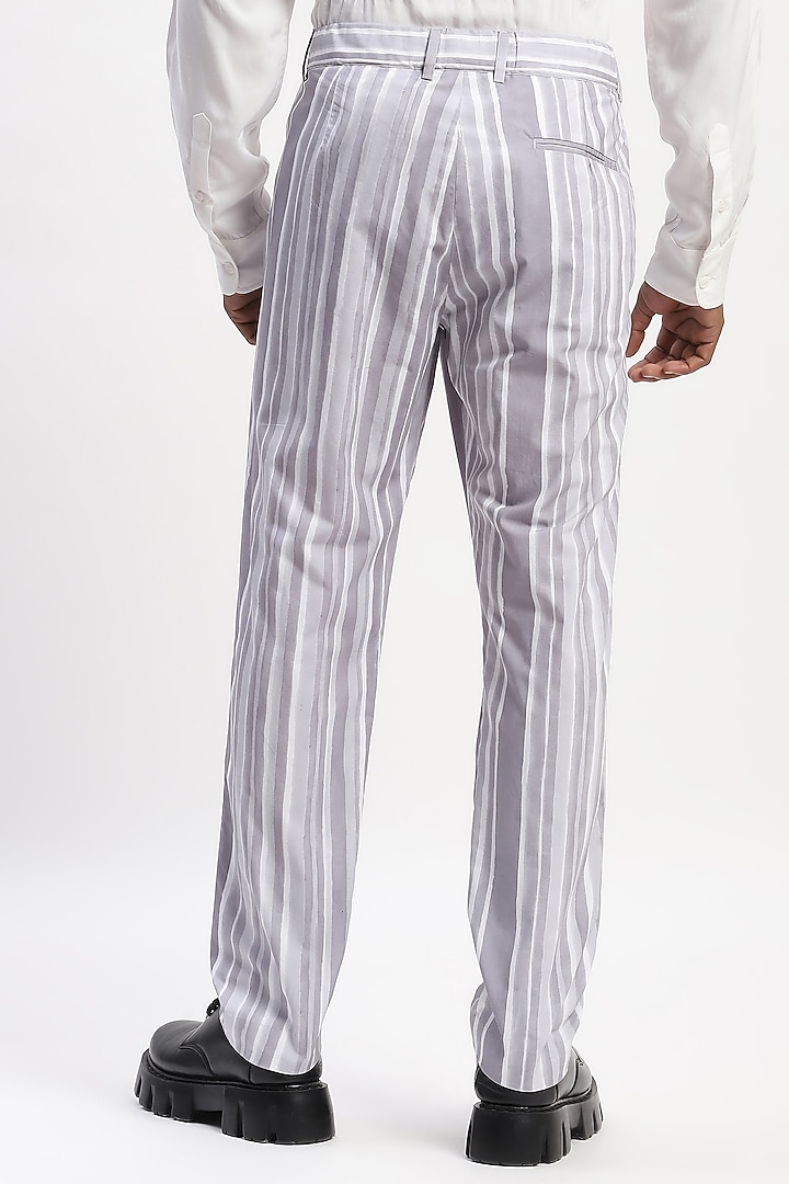 Grey Cotton Poplin Stripe Digital Printed Trousers by Abraham & Thakore Men at Pernia's Pop Up Shop
