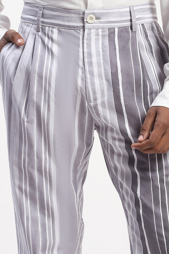 Grey Cotton Poplin Stripe Digital Printed Trousers by Abraham & Thakore Men at Pernia's Pop Up Shop