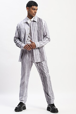 Grey Cotton Poplin Stripe Digital Printed Trousers by Abraham & Thakore Men