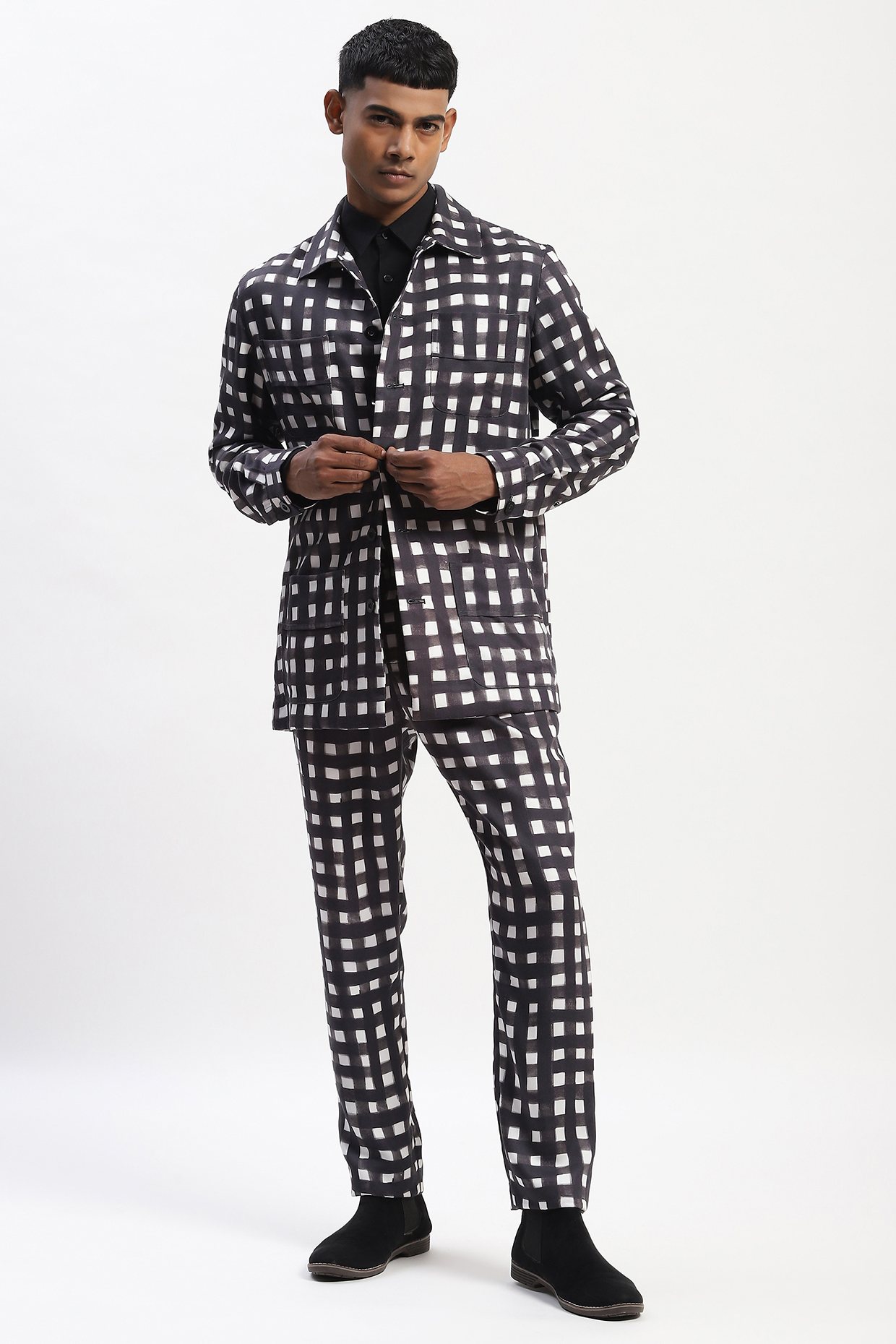 Black Cotton Blend Digital Printed Trousers by Abraham & Thakore Men