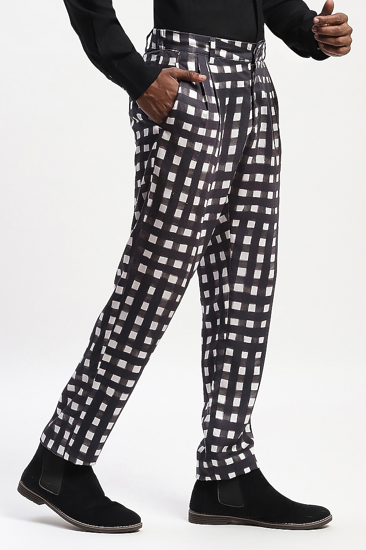 Black Cotton Blend Digital Printed Trousers by Abraham & Thakore Men at Pernia's Pop Up Shop