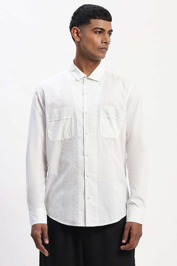 White Cotton Poplin Silk Yarn Party Wear Shirt by Abraham & Thakore Men at Pernia's Pop Up Shop