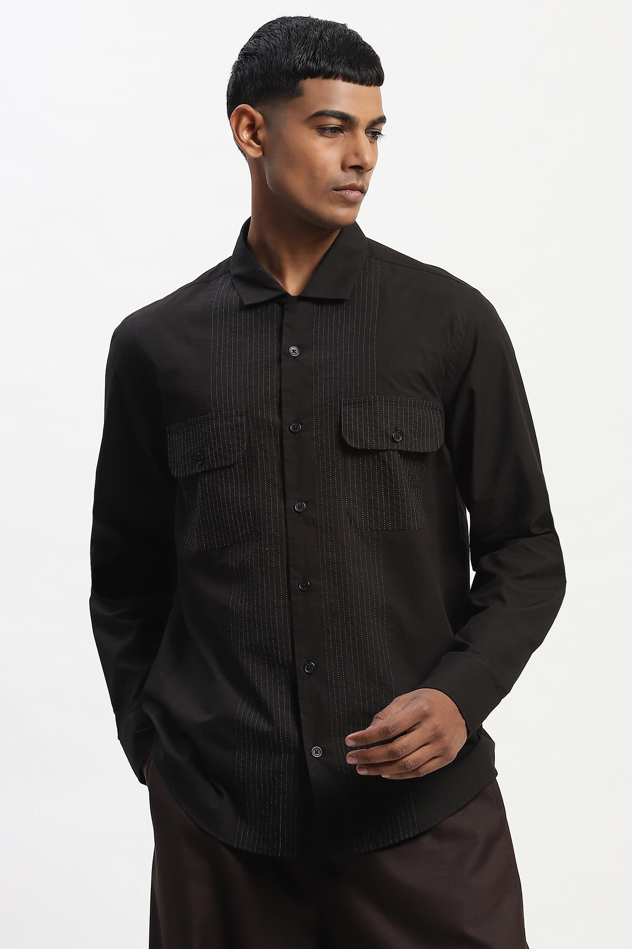 Black Cotton Poplin Silk Yarn Shirt by Abraham & Thakore Men