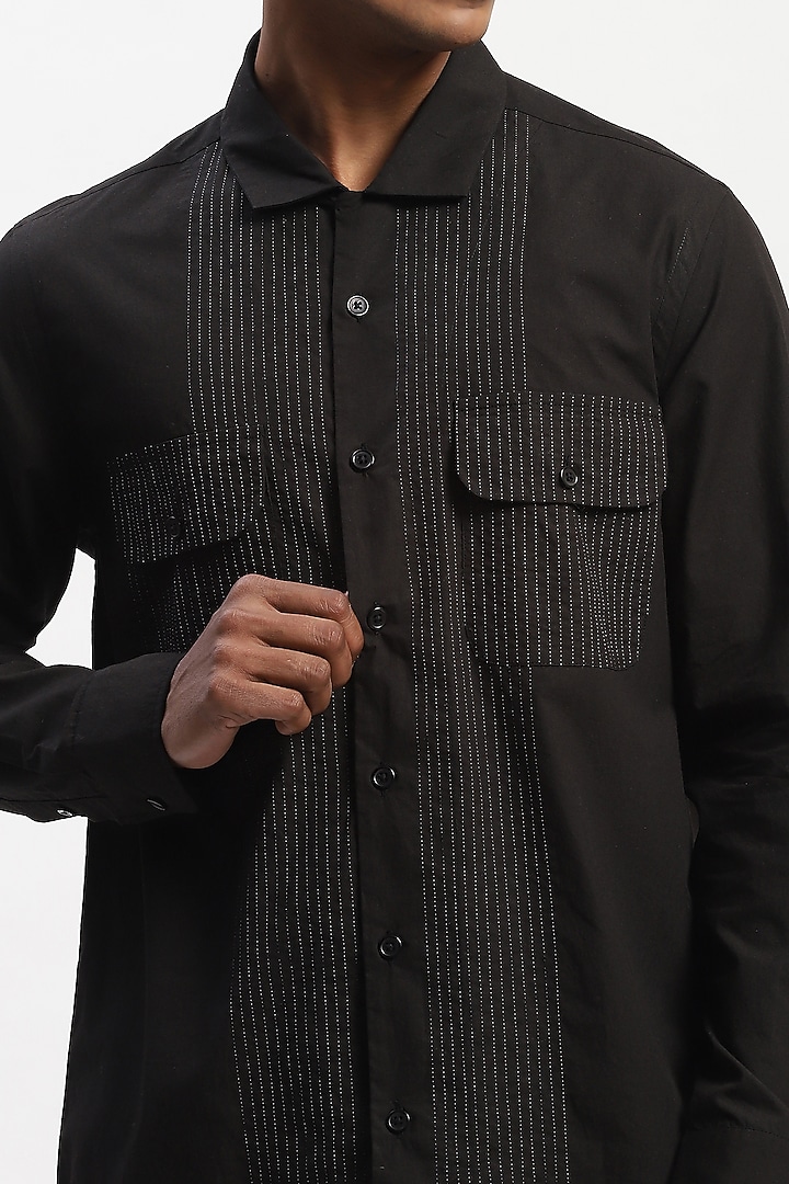 Black Cotton Poplin Silk Yarn Party Wear Shirt by Abraham & Thakore Men at Pernia's Pop Up Shop