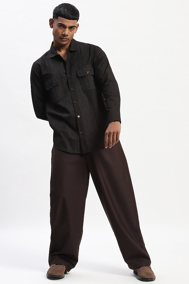 Black Cotton Poplin Silk Yarn Party Wear Shirt by Abraham & Thakore Men at Pernia's Pop Up Shop