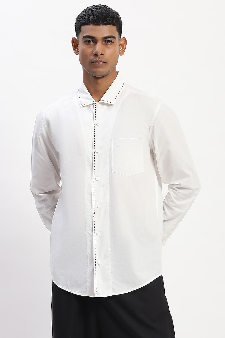 White Cotton Poplin Kantha Stitch Party Wear Shirt by Abraham & Thakore Men at Pernia's Pop Up Shop