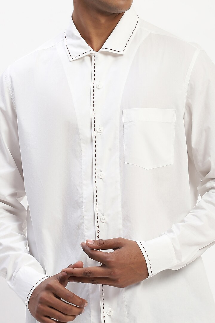 White Cotton Poplin Kantha Stitch Party Wear Shirt by Abraham & Thakore Men at Pernia's Pop Up Shop