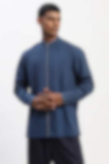 Blue Cotton Poplin Kantha Stitch Shirt by Abraham & Thakore Men