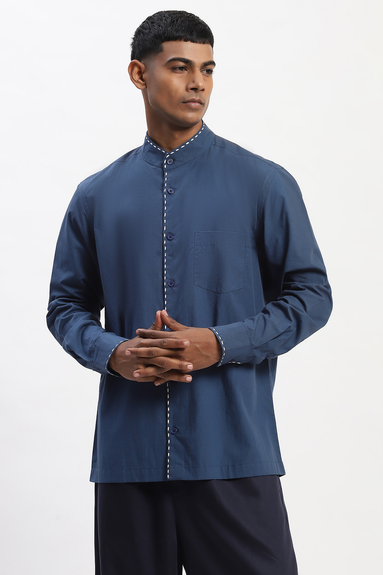 Blue Cotton Poplin Kantha Stitch Shirt by Abraham & Thakore Men