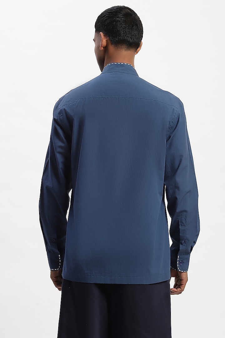 Blue Cotton Poplin Kantha Stitch Party Wear Shirt by Abraham & Thakore Men at Pernia's Pop Up Shop