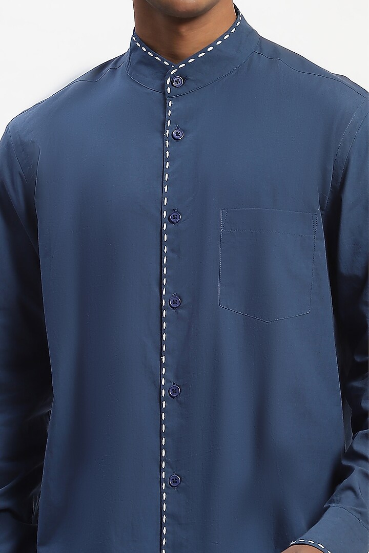 Blue Cotton Poplin Kantha Stitch Party Wear Shirt by Abraham & Thakore Men at Pernia's Pop Up Shop