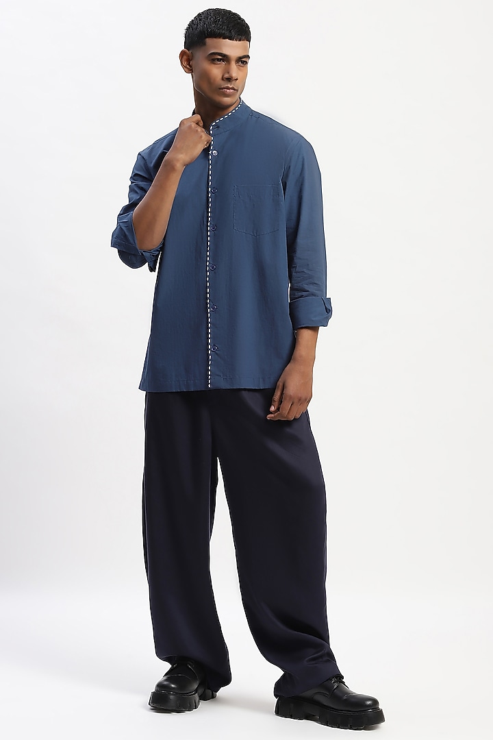 Blue Cotton Poplin Kantha Stitch Party Wear Shirt by Abraham & Thakore Men at Pernia's Pop Up Shop