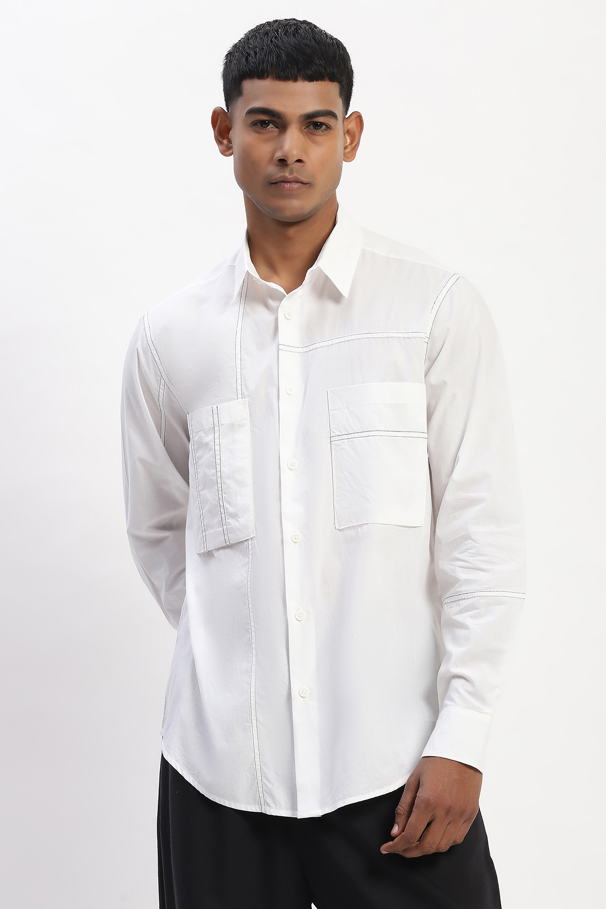 White Cotton Poplin Silk Yarn Patchwork Shirt by Abraham & Thakore Men