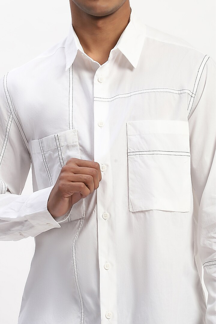 White Cotton Poplin Silk Yarn Patchwork Party Wear Shirt by Abraham & Thakore Men at Pernia's Pop Up Shop
