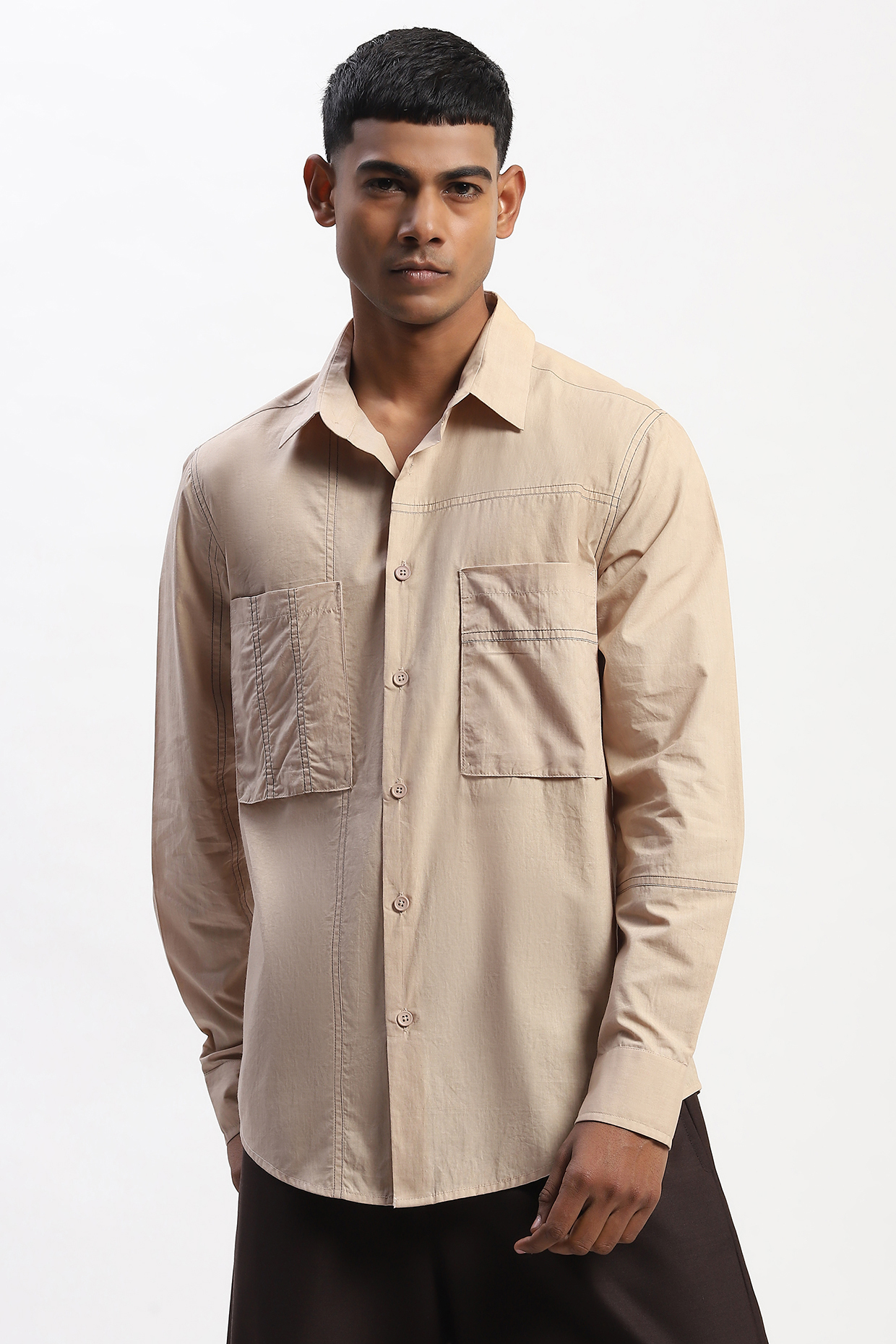 Khaki Cotton Poplin Silk Yarn Patchwork Shirt by Abraham & Thakore Men