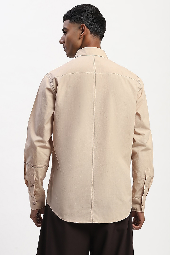 Khaki Cotton Poplin Silk Yarn Patchwork Party Wear Shirt by Abraham & Thakore Men at Pernia's Pop Up Shop