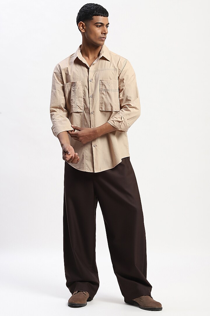 Khaki Cotton Poplin Silk Yarn Patchwork Party Wear Shirt by Abraham & Thakore Men at Pernia's Pop Up Shop