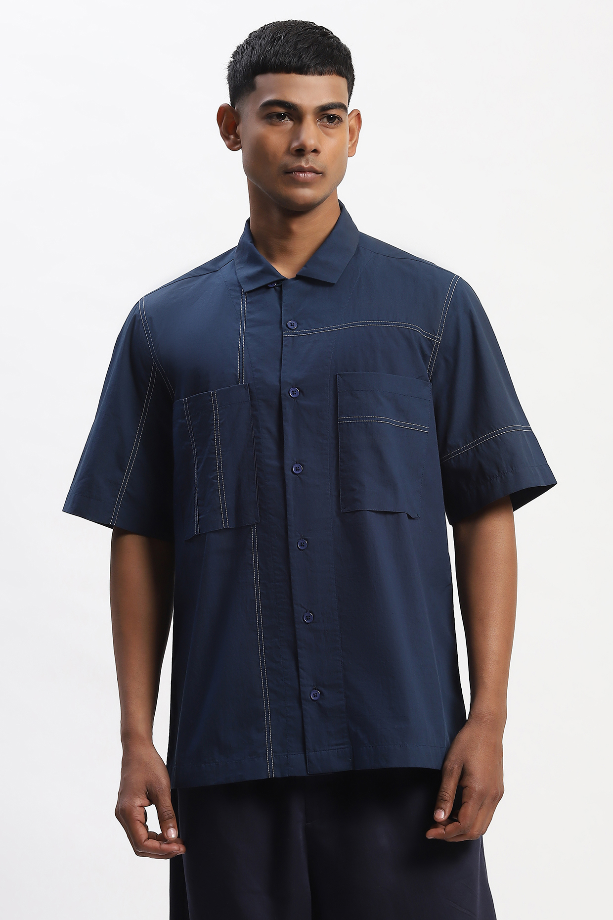 Blue Cotton Poplin Silk Yarn Patchwork Shirt by Abraham & Thakore Men
