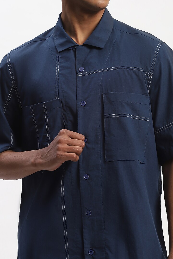 Blue Cotton Poplin Silk Yarn Patchwork Party Wear Shirt by Abraham & Thakore Men at Pernia's Pop Up Shop