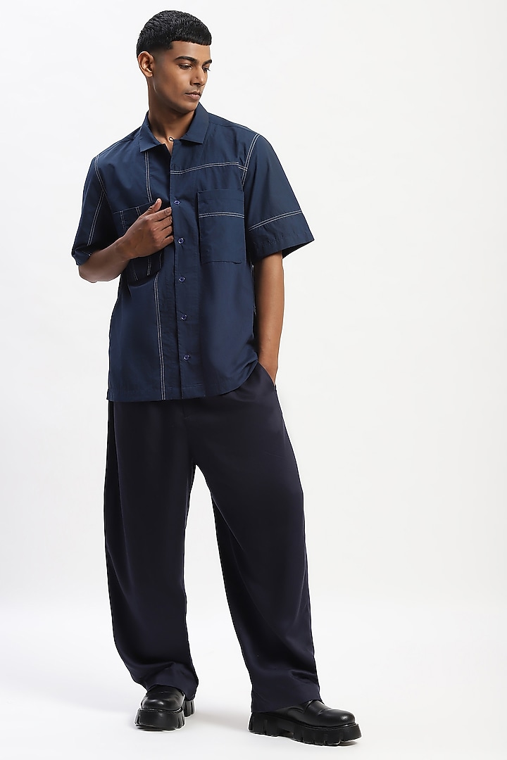 Blue Cotton Poplin Silk Yarn Patchwork Party Wear Shirt by Abraham & Thakore Men at Pernia's Pop Up Shop