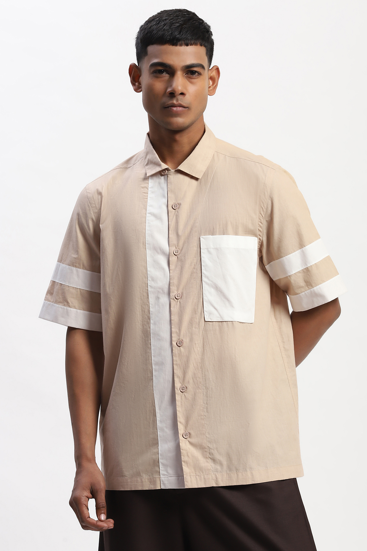 Khaki Cotton Poplin Silk Yarn Patchwork Shirt by Abraham & Thakore Men