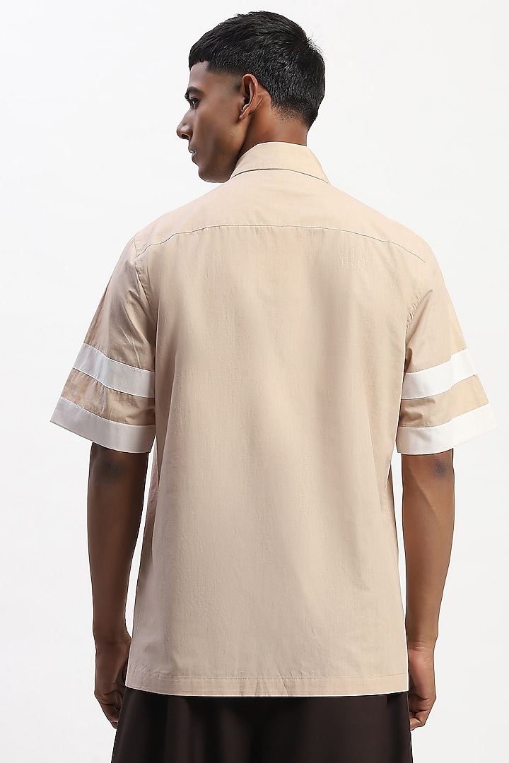 Khaki Cotton Poplin Silk Yarn Patchwork Party Wear Shirt by Abraham & Thakore Men at Pernia's Pop Up Shop