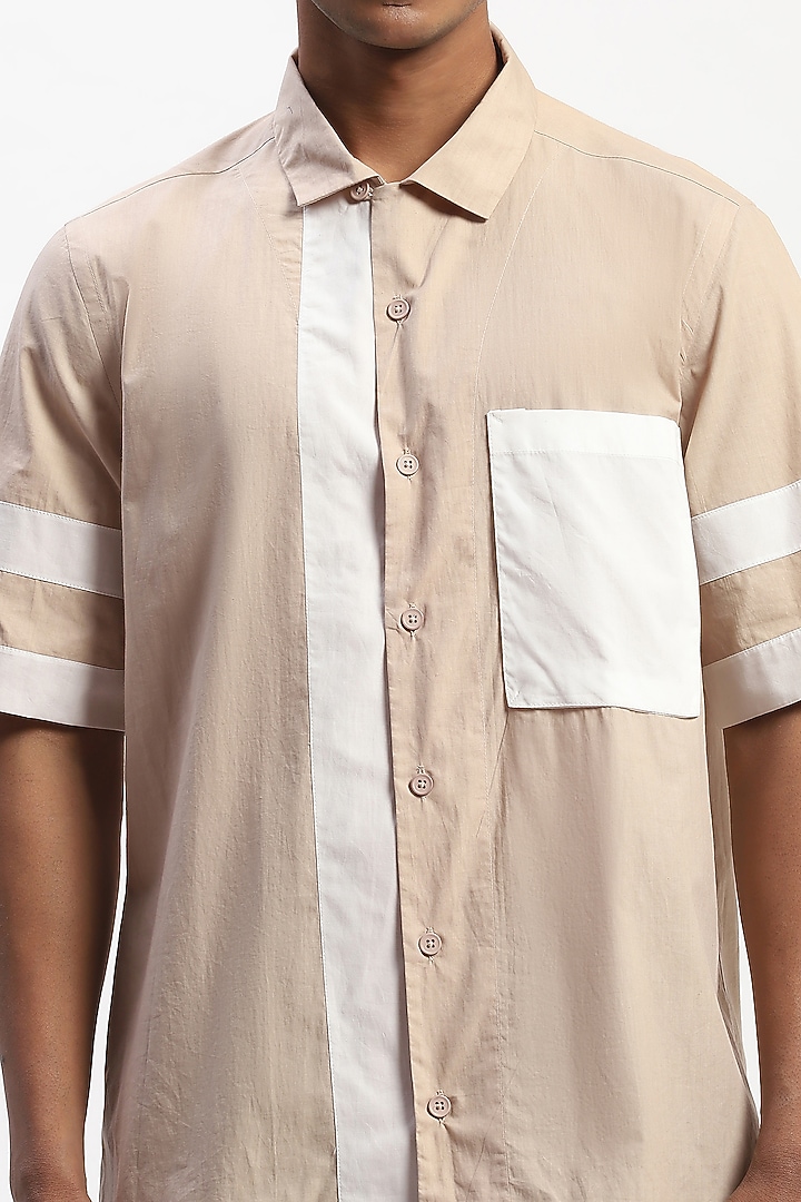 Khaki Cotton Poplin Silk Yarn Patchwork Party Wear Shirt by Abraham & Thakore Men at Pernia's Pop Up Shop
