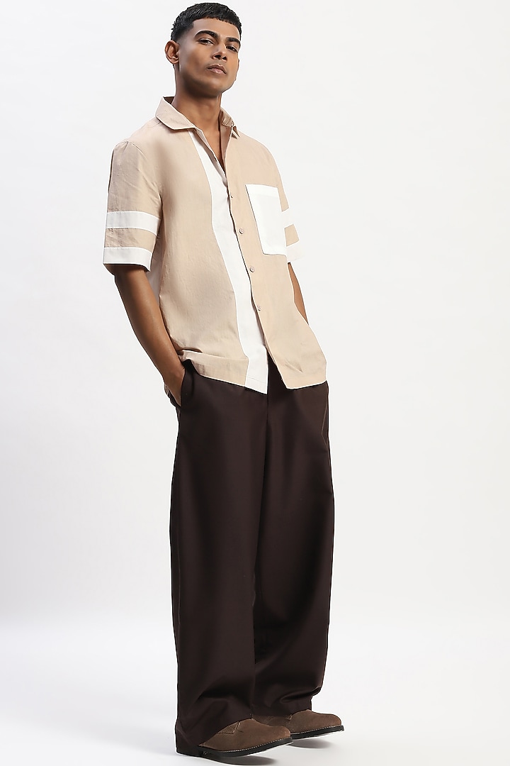 Khaki Cotton Poplin Silk Yarn Patchwork Party Wear Shirt by Abraham & Thakore Men at Pernia's Pop Up Shop