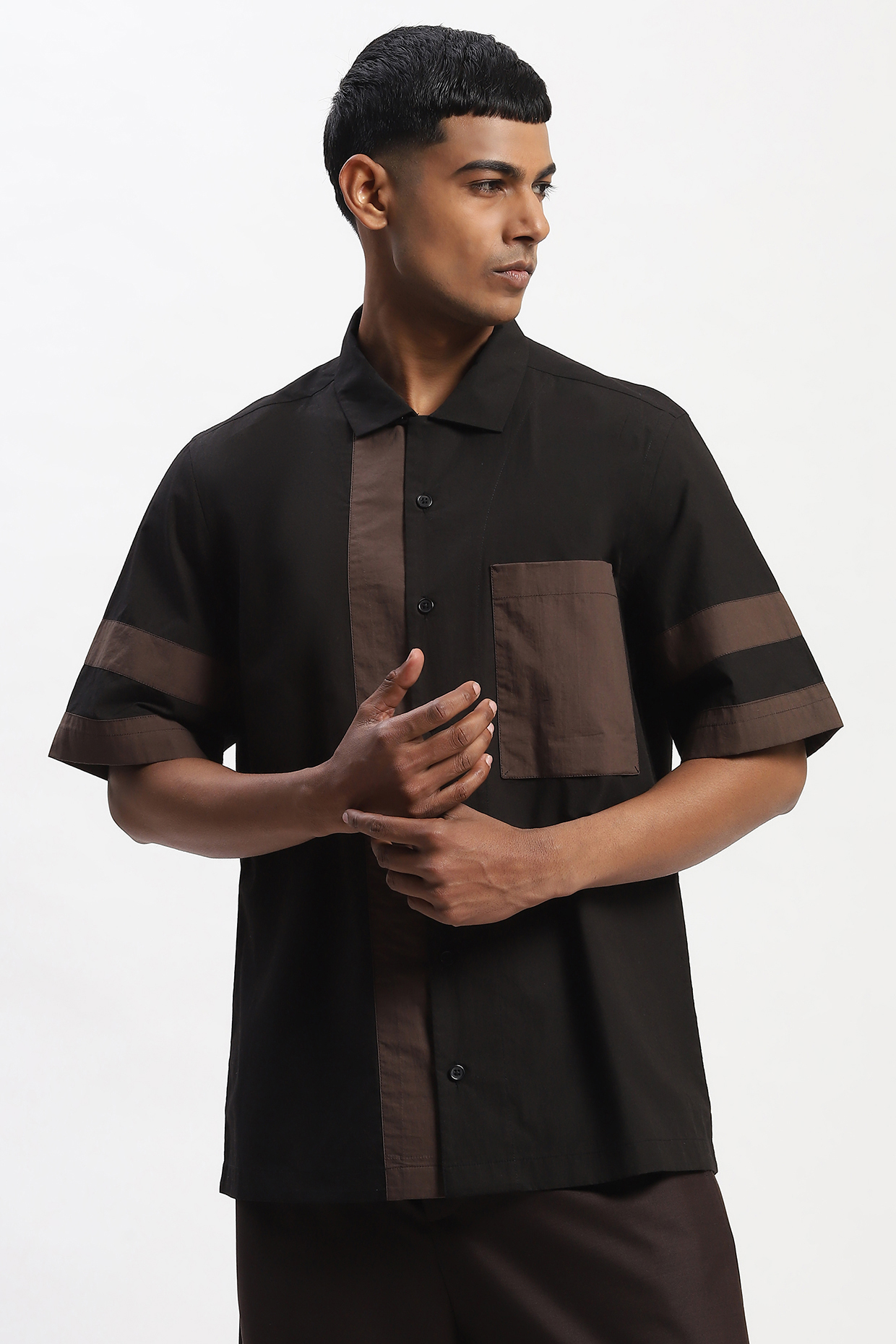 Black Cotton Poplin Silk Yarn Patchwork Shirt by Abraham & Thakore Men