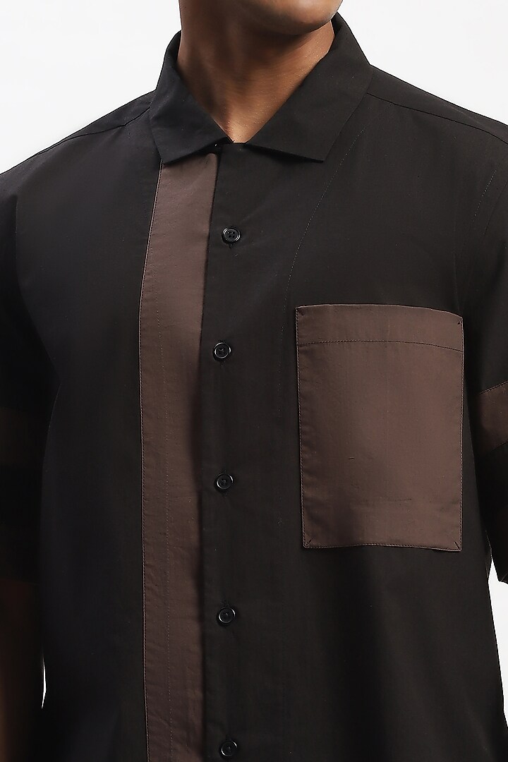 Black Cotton Poplin Silk Yarn Patchwork Party Wear Shirt by Abraham & Thakore Men at Pernia's Pop Up Shop