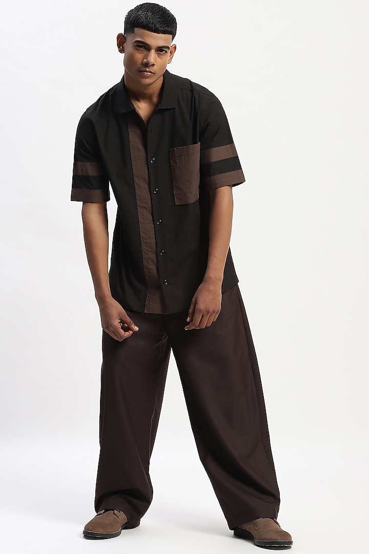 Black Cotton Poplin Silk Yarn Patchwork Party Wear Shirt by Abraham & Thakore Men at Pernia's Pop Up Shop