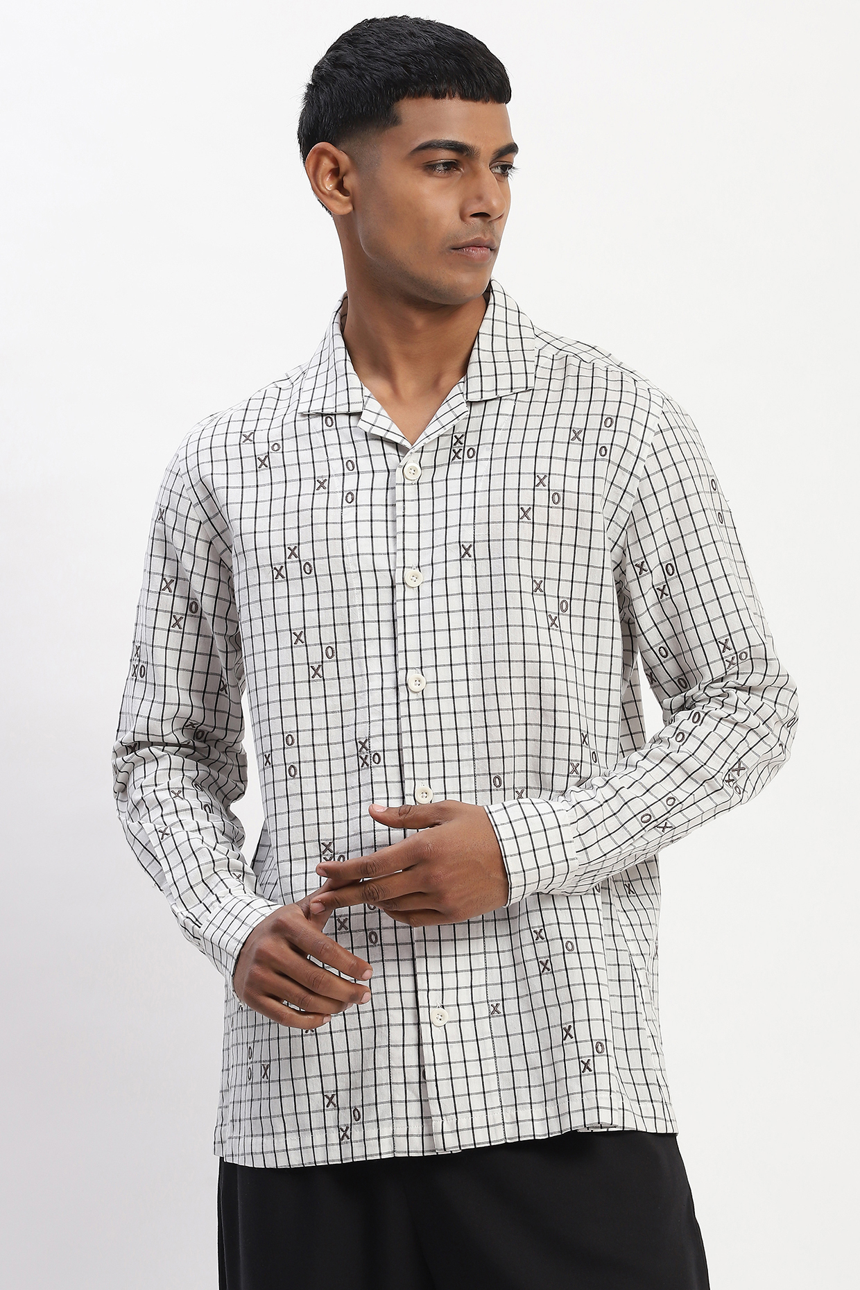 White Cotton Blend Silk Yarn Embroidered Shirt by Abraham & Thakore Men