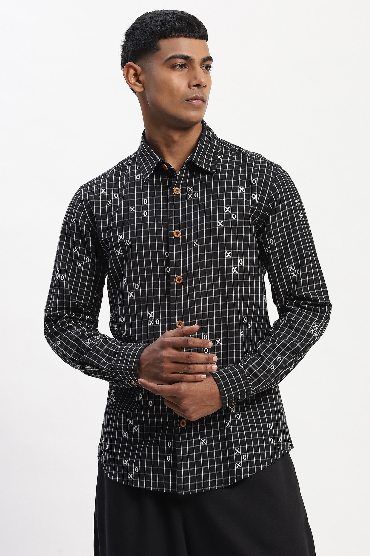Black Cotton Blend Silk Yarn Embroidered Shirt by Abraham & Thakore Men