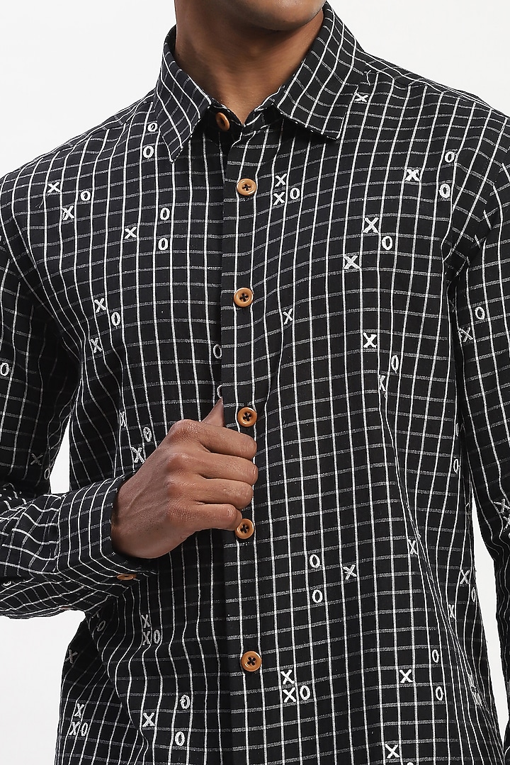 Black Cotton Blend Silk Yarn Embroidered Party Wear Shirt by Abraham & Thakore Men at Pernia's Pop Up Shop