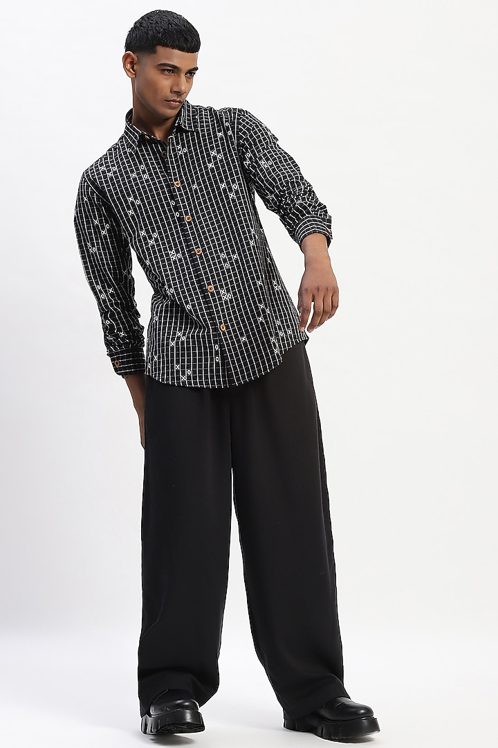 Black Cotton Blend Silk Yarn Embroidered Party Wear Shirt by Abraham & Thakore Men at Pernia's Pop Up Shop