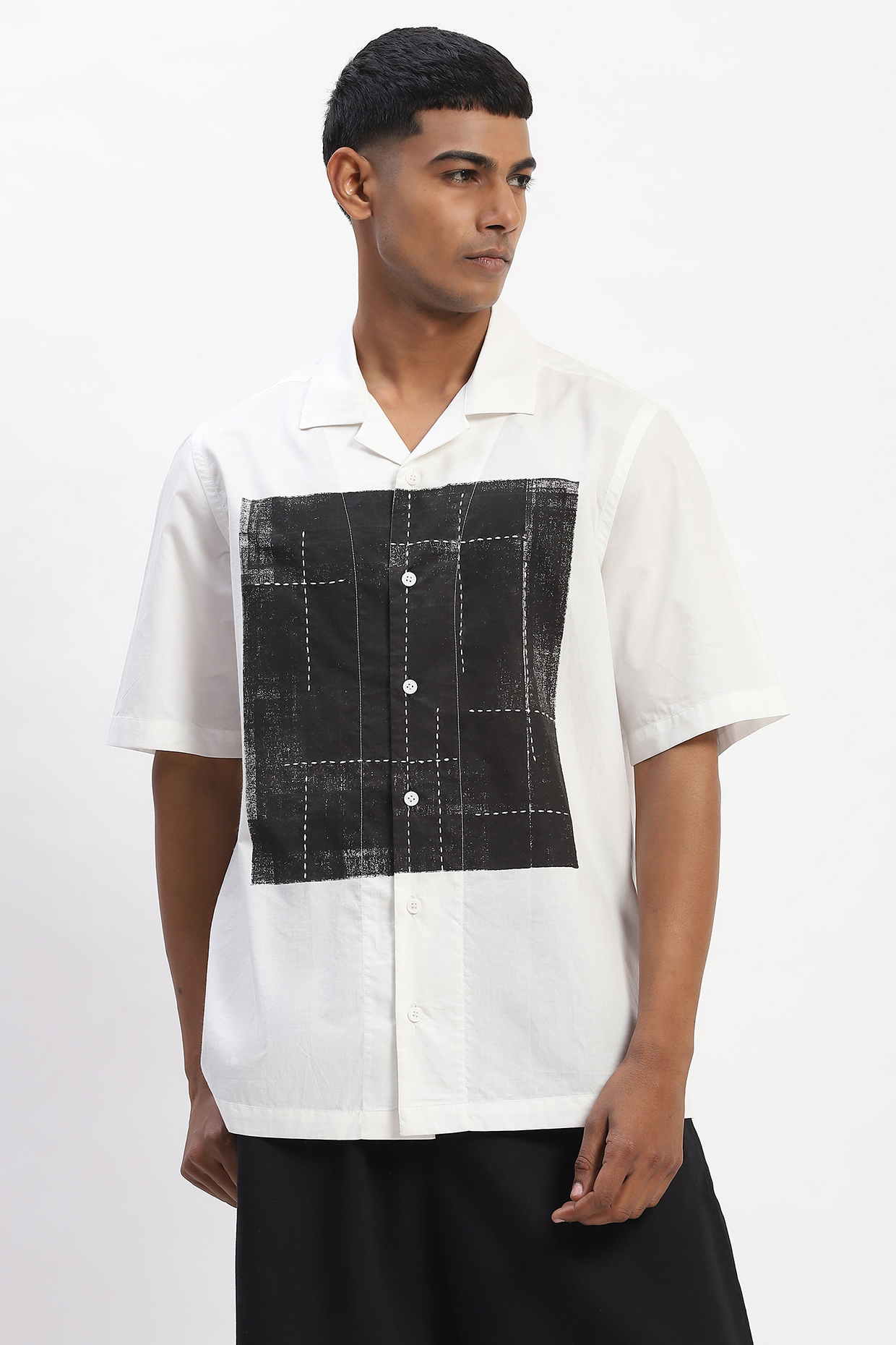 White Cotton Cambric Engineered Block Printed Shirt by Abraham & Thakore Men