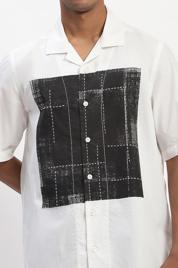 White Cotton Cambric Engineered Block Printed Party Wear Shirt by Abraham & Thakore Men at Pernia's Pop Up Shop