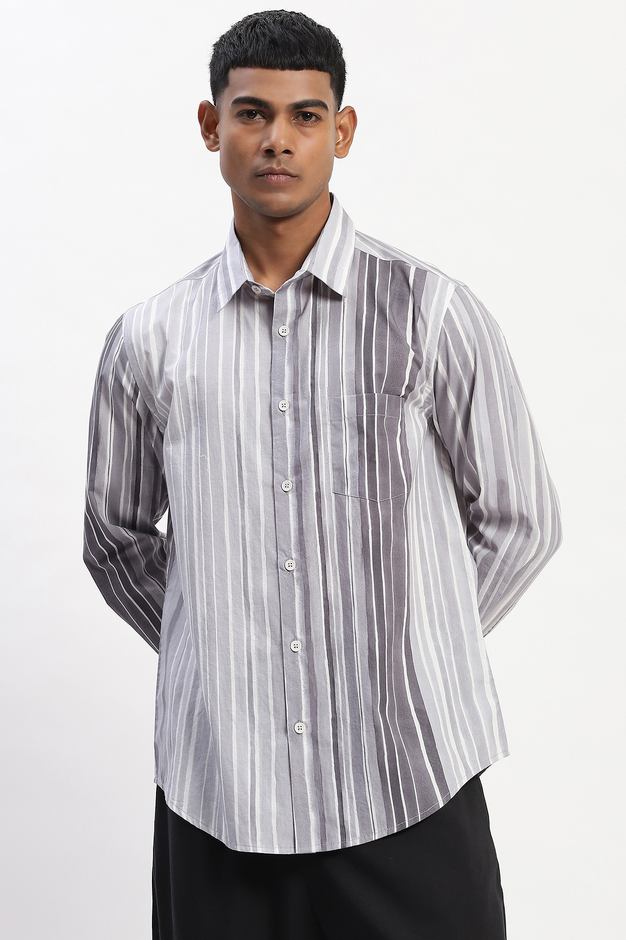 Grey Cotton Poplin Stripe Handpainted Shirt by Abraham & Thakore Men