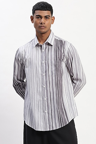 Grey Cotton Poplin Stripe Handpainted Shirt by Abraham & Thakore Men