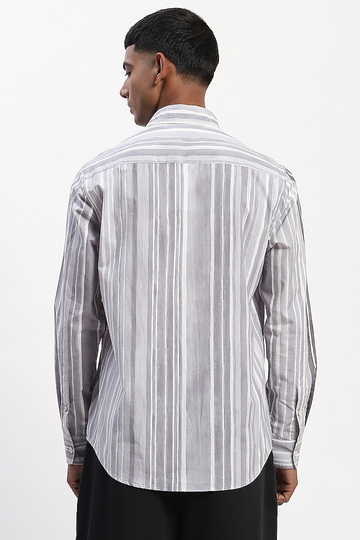 Grey Cotton Poplin Stripe Handpainted Party Wear Shirt by Abraham & Thakore Men at Pernia's Pop Up Shop