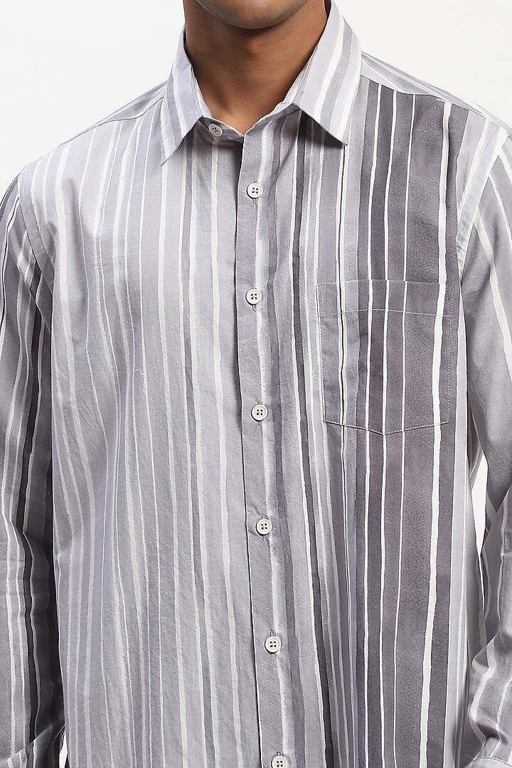 Grey Cotton Poplin Stripe Handpainted Party Wear Shirt by Abraham & Thakore Men at Pernia's Pop Up Shop