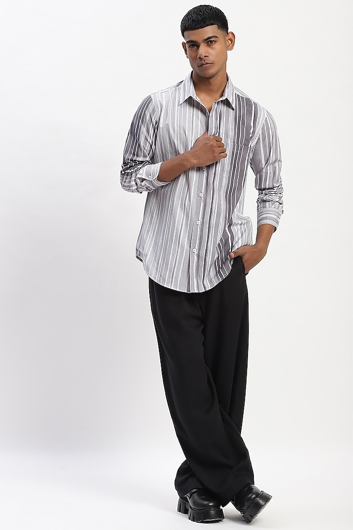 Grey Cotton Poplin Stripe Handpainted Party Wear Shirt by Abraham & Thakore Men at Pernia's Pop Up Shop
