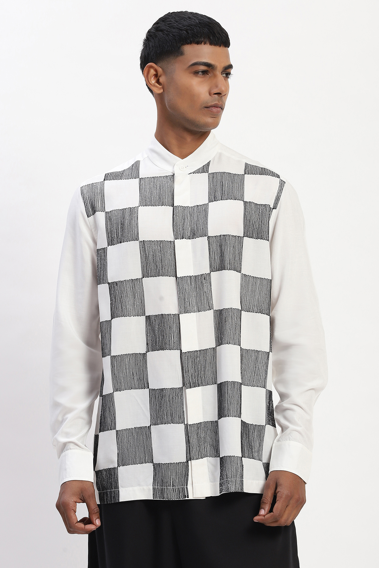 White Viscose Checkerboard Pattern Embroidered Silk Yarn Shirt by Abraham & Thakore Men