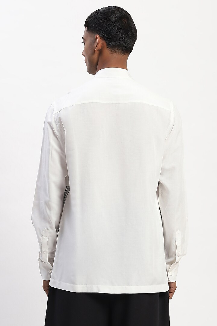 White Viscose Checkerboard Pattern Embroidered Silk Yarn Party Wear Shirt by Abraham & Thakore Men at Pernia's Pop Up Shop