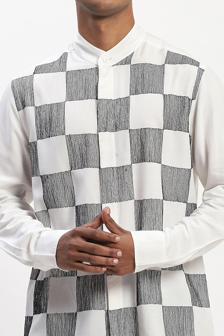 White Viscose Checkerboard Pattern Embroidered Silk Yarn Party Wear Shirt by Abraham & Thakore Men at Pernia's Pop Up Shop
