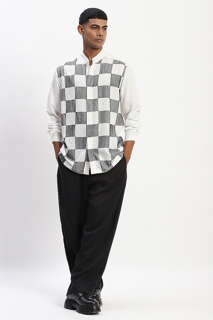 White Viscose Checkerboard Pattern Embroidered Silk Yarn Party Wear Shirt by Abraham & Thakore Men at Pernia's Pop Up Shop