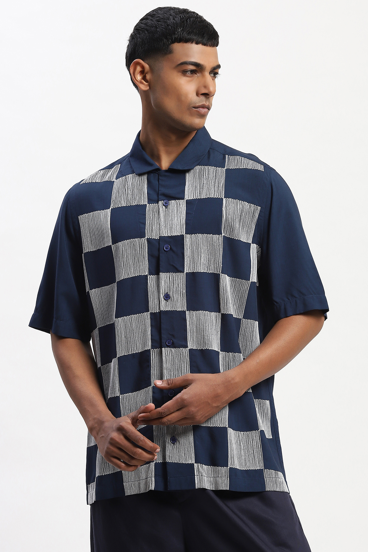 Navy Viscose Checkerboard Pattern Embroidered Silk Yarn Shirt by Abraham & Thakore Men