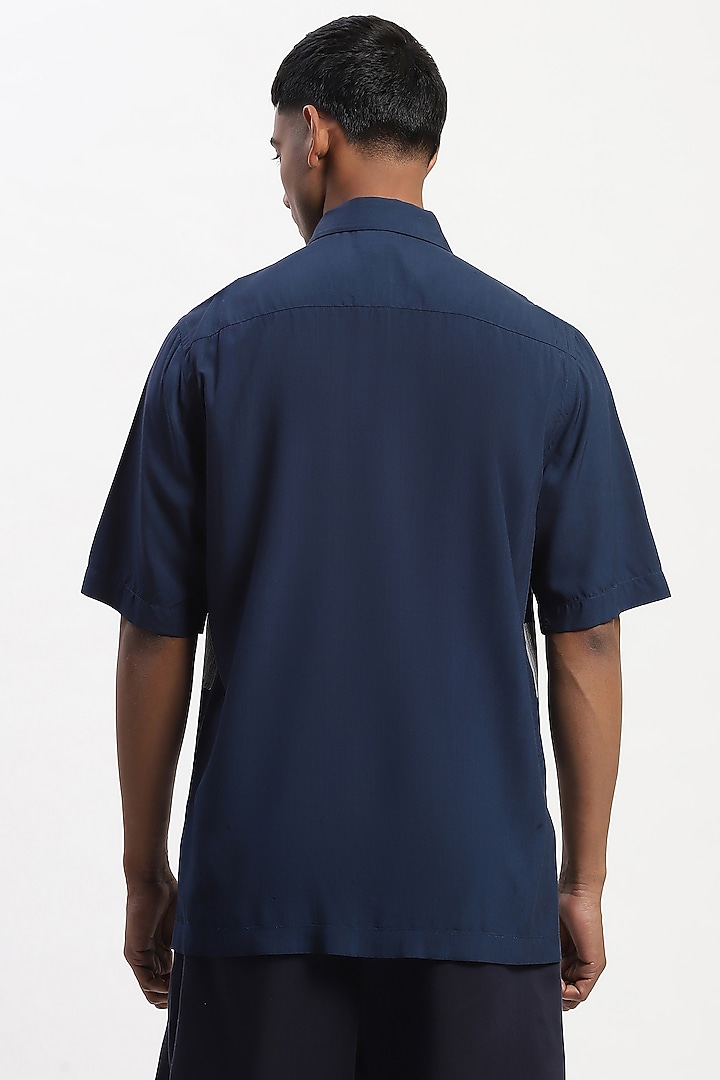 Navy Viscose Checkerboard Pattern Embroidered Silk Yarn Party Wear Shirt by Abraham & Thakore Men at Pernia's Pop Up Shop