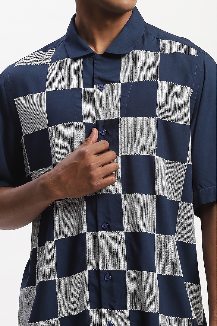 Navy Viscose Checkerboard Pattern Embroidered Silk Yarn Party Wear Shirt by Abraham & Thakore Men at Pernia's Pop Up Shop
