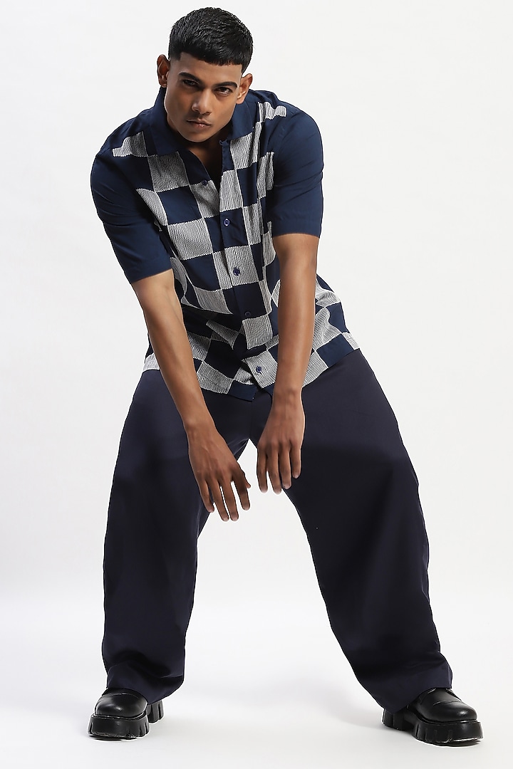 Navy Viscose Checkerboard Pattern Embroidered Silk Yarn Party Wear Shirt by Abraham & Thakore Men at Pernia's Pop Up Shop
